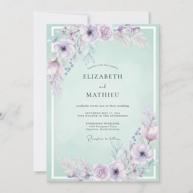 Invitation Mariage Fleur Mauve Mousse de Mer (Devant)