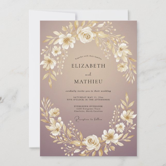 Invitation Mariage Fleur Mauve Or (Devant)