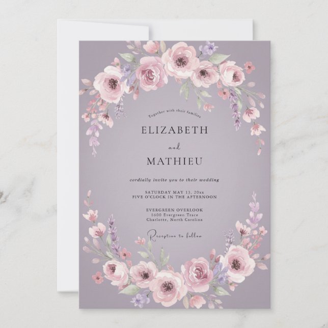 Invitation Mariage Fleur Mauve Poussiéreuse (Devant)
