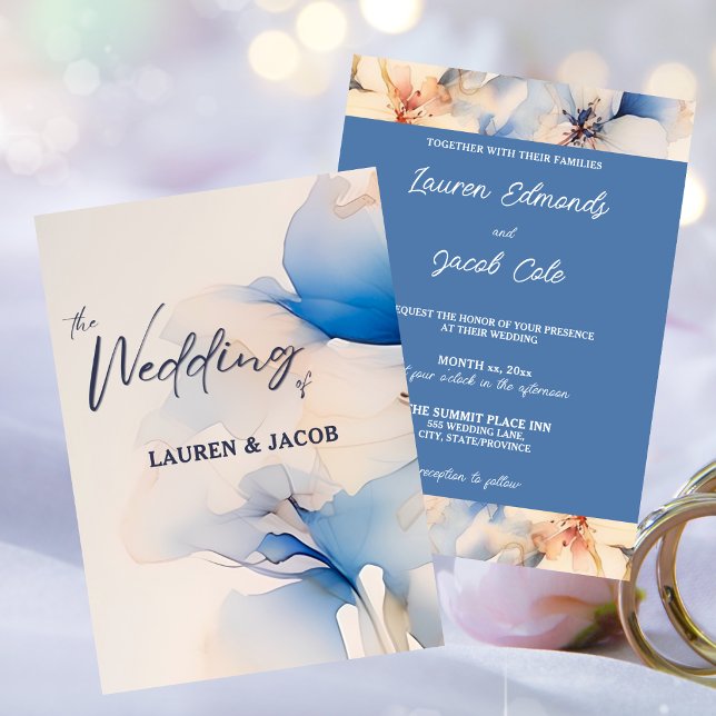 Invitation Mariage Fleur Moderne Bleue  (Modern Blue Floral Blossom Wedding Invitation)