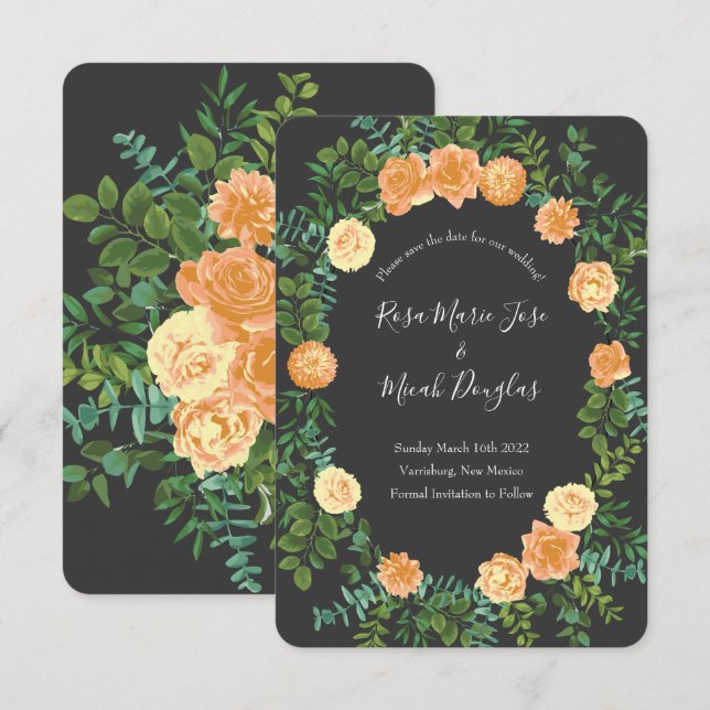 Invitation Mariage Fleur Moderne pêche Gris foncé (Devant / Derrière)