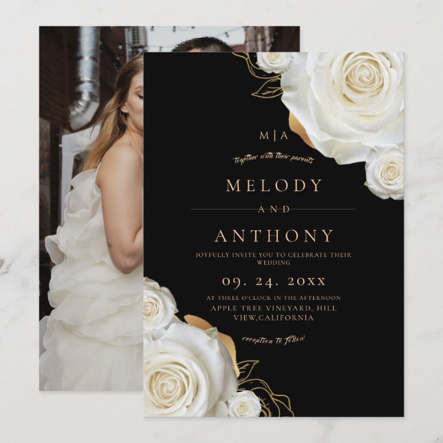 Invitation Mariage Fleur Moderne Rose Blanche Noir (Devant / Derrière)