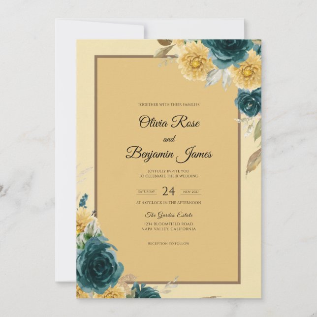 Invitation Mariage Fleur Mustard Bleu Canard (Devant)