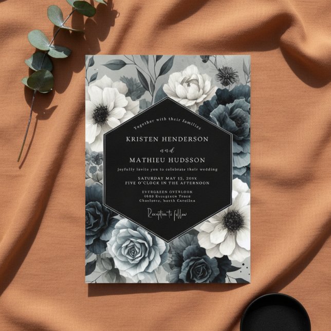 Invitation Mariage Fleur Nocturne Bleu Ardoise (Créateur téléchargé)