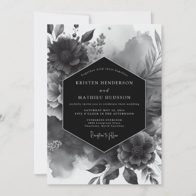 Invitation Mariage Fleur Noire Opulente (Devant)