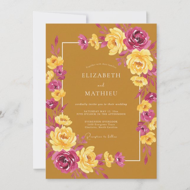 Invitation Mariage Fleur Ochre Magenta (Devant)