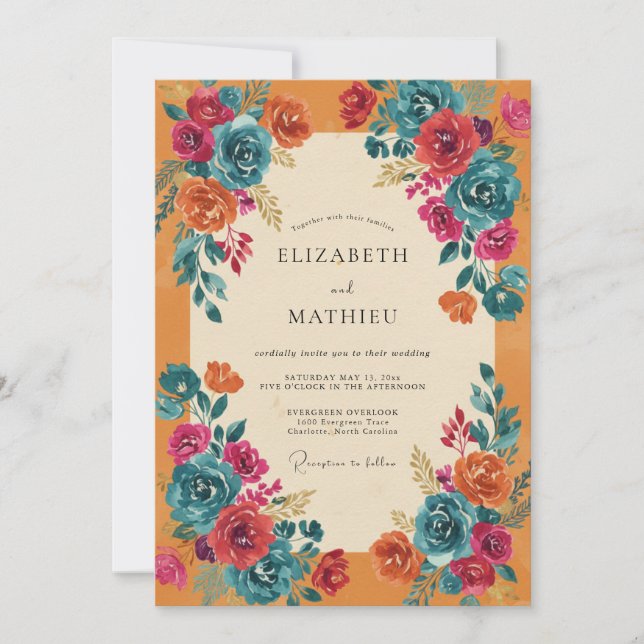 Invitation Mariage Fleur Ochre Magenta (Devant)