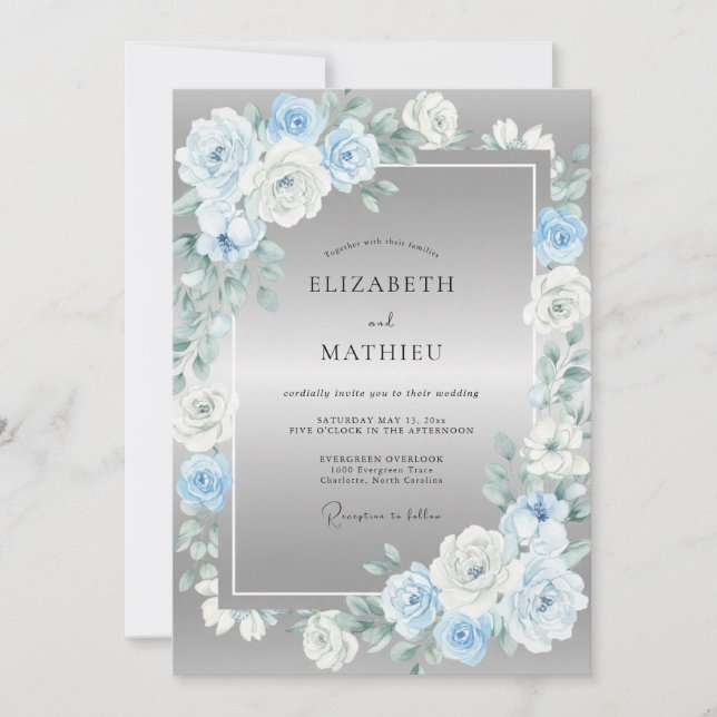 Invitation Mariage Fleur Opulente Bleu Ardoise (Devant)