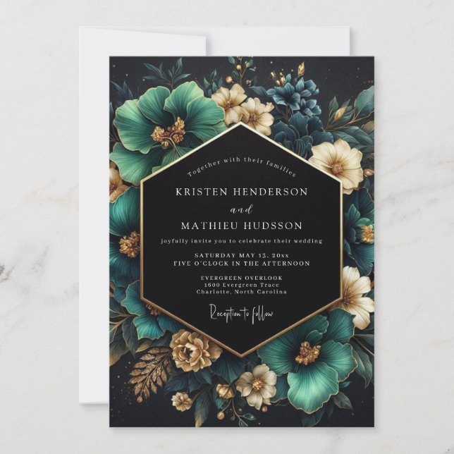 Invitation Mariage Fleur Opulente Florale Sarcelle (Devant)
