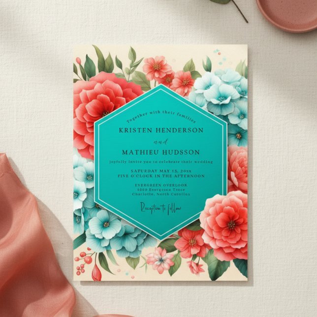 Invitation Mariage Fleur Opulente Florale Sarcelle (Créateur téléchargé)