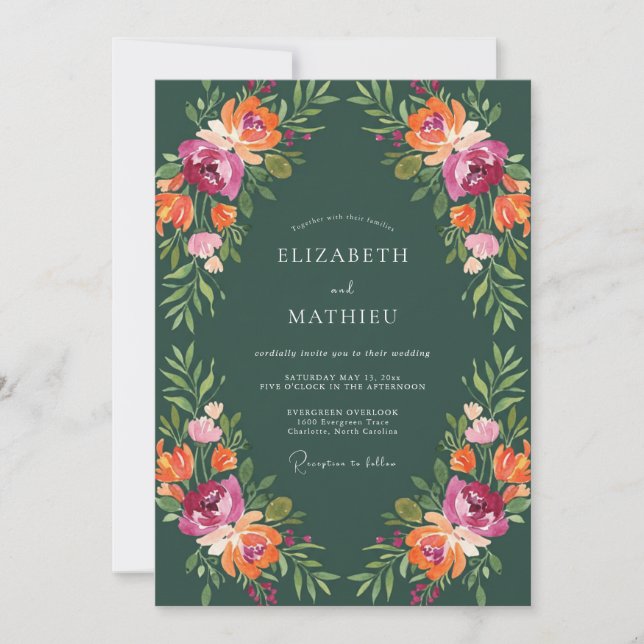 Invitation Mariage Fleur Orange Émeraude (Devant)