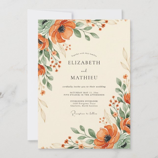 Invitation Mariage Fleur Orange Verdoyante (Devant)
