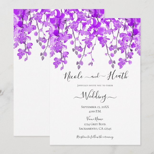 Invitation Mariage Fleur Orchidée Aquarelle Violette  (Devant / Derrière)