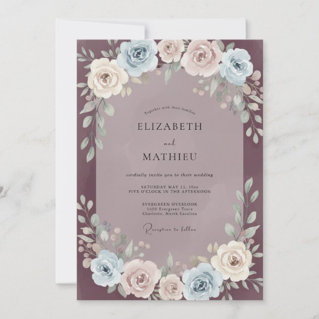 Invitation Mariage Fleur Pâle Bleu Poussiéreux (Devant)