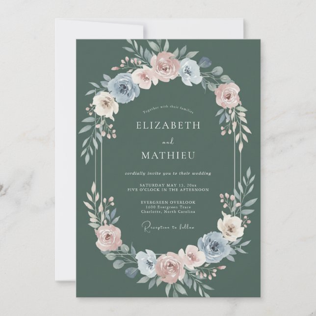 Invitation Mariage Fleur Peinte Ardoise et Pêche (Devant)