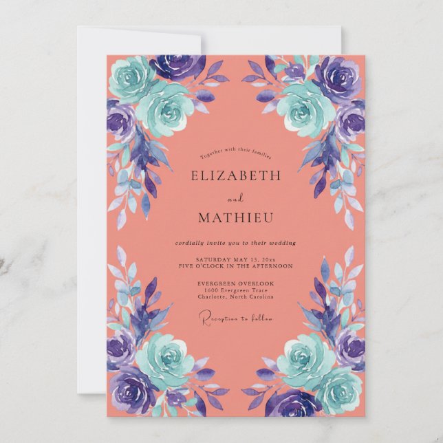 Invitation Mariage Fleur Peinte Corail Aqua (Devant)