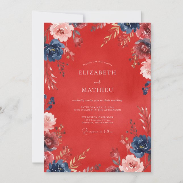 Invitation Mariage Fleur Peinte Écarlate (Devant)