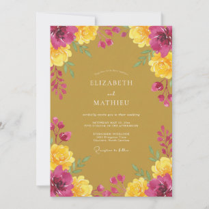 Invitation Mariage Fleur Peinte en Magenta Moutarde
