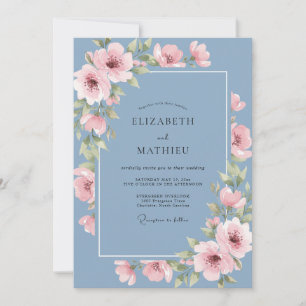 Invitation Mariage Fleur Poudrée Peinte en Bleu Poussiéreux
