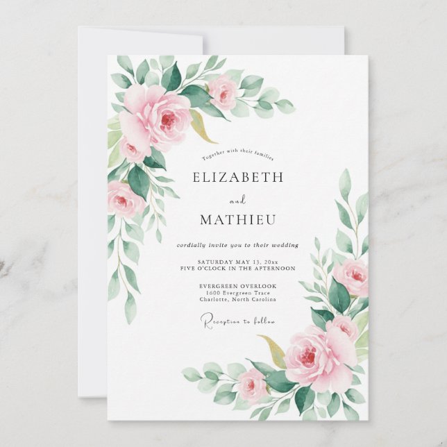 Invitation Mariage Fleur Poudrée Rose (Devant)