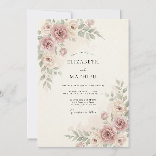Invitation Mariage Fleur Poudrée Rose Peinte (Devant)