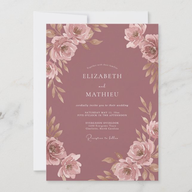 Invitation Mariage Fleur Poussiéreuse Rose (Devant)