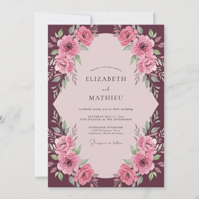 Invitation Mariage Fleur Poussiéreuse Rose Prune (Devant)