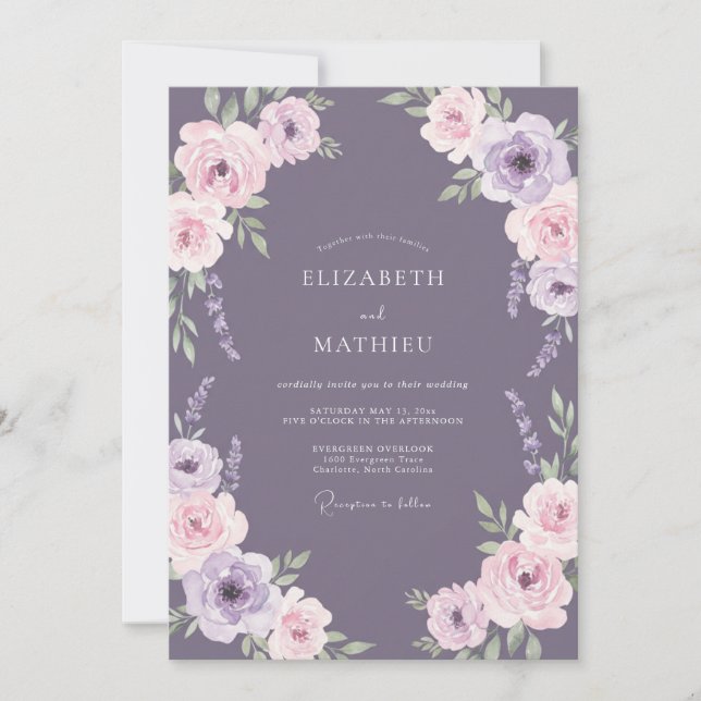 Invitation Mariage Fleur Poussiéreuse Violette (Devant)