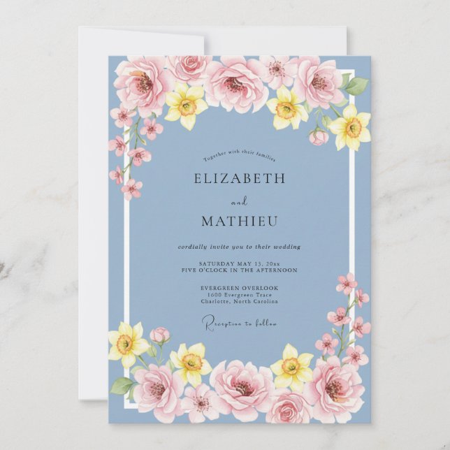 Invitation Mariage Fleur Printanière Joyeuse Pervenche (Devant)