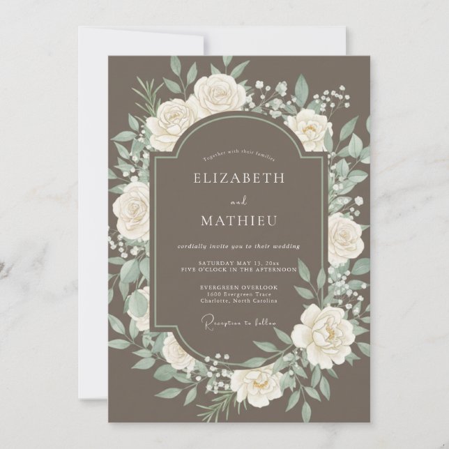Invitation Mariage Fleur Romance Fleurie Taupe (Devant)