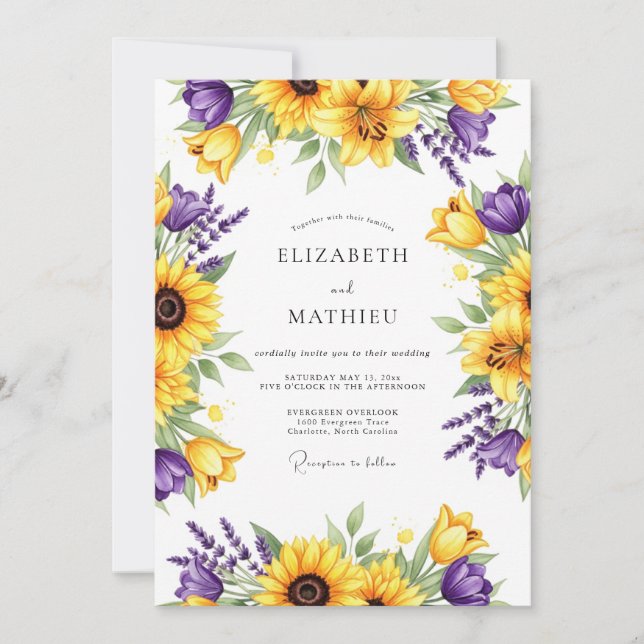 Invitation Mariage Fleur Romance Jaune Violet (Devant)