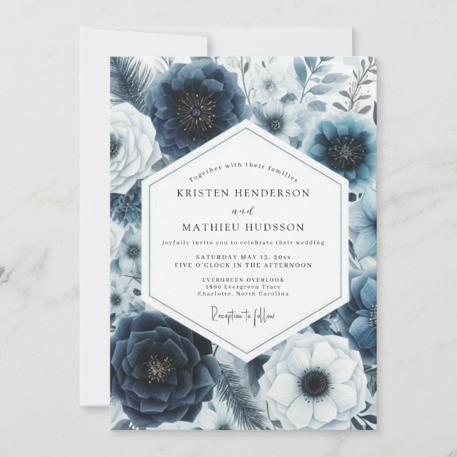 Invitation Mariage Fleur Romance Navy Profond (Devant)