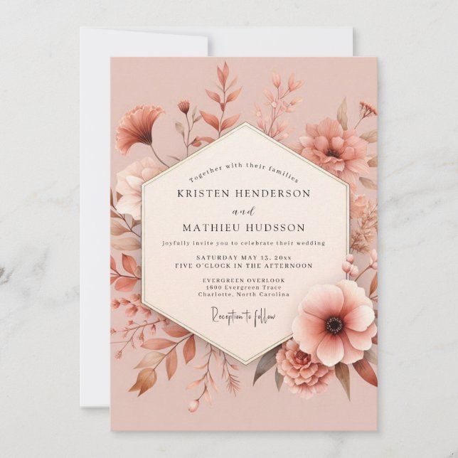 Invitation Mariage Fleur Romance Rose Poussiéreuse (Devant)