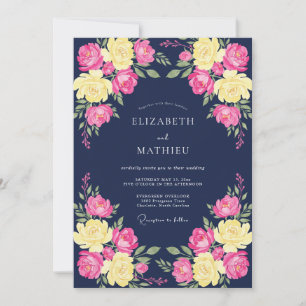 Invitation Mariage Fleur Romance Vibrante Navy