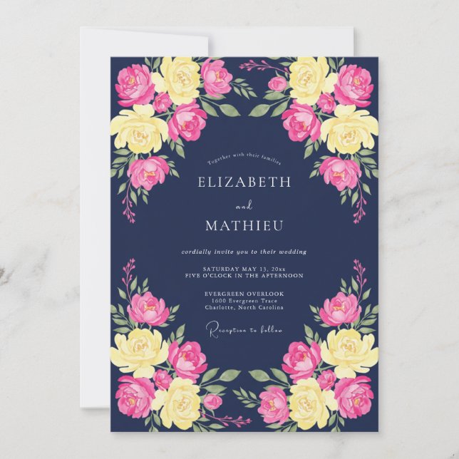 Invitation Mariage Fleur Romance Vibrante Navy (Devant)