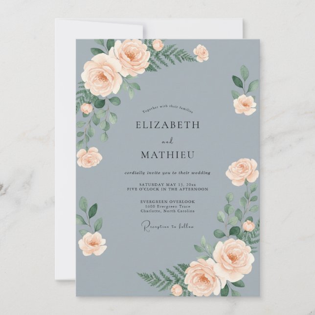 Invitation Mariage Fleur Romantique Bleu Ardoise (Devant)