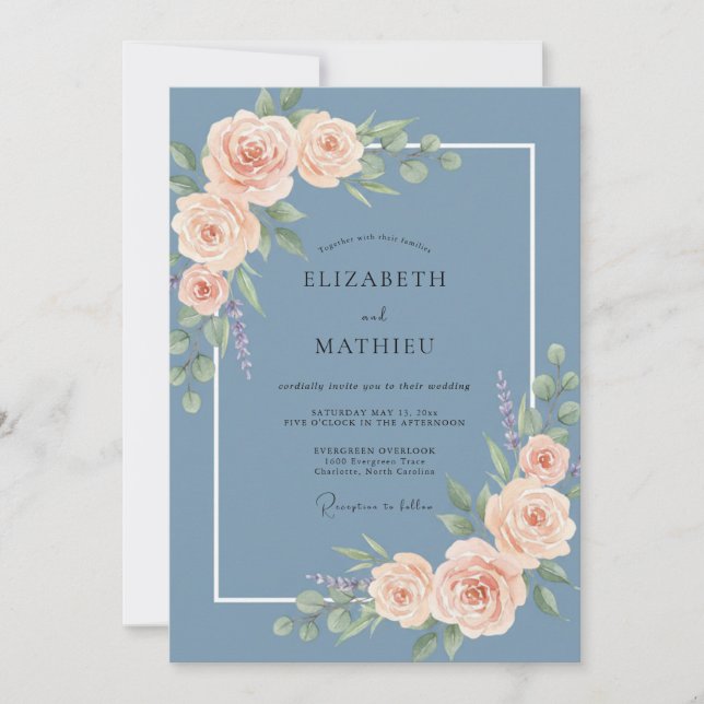 Invitation Mariage Fleur Romantique Bleu Poussiéreux (Devant)