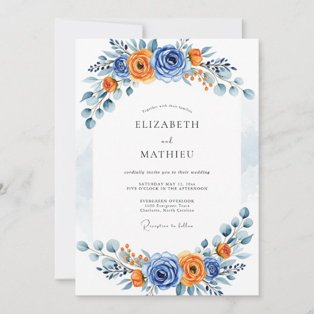 Invitation Mariage Fleur Romantique Bleue Orange (Devant)