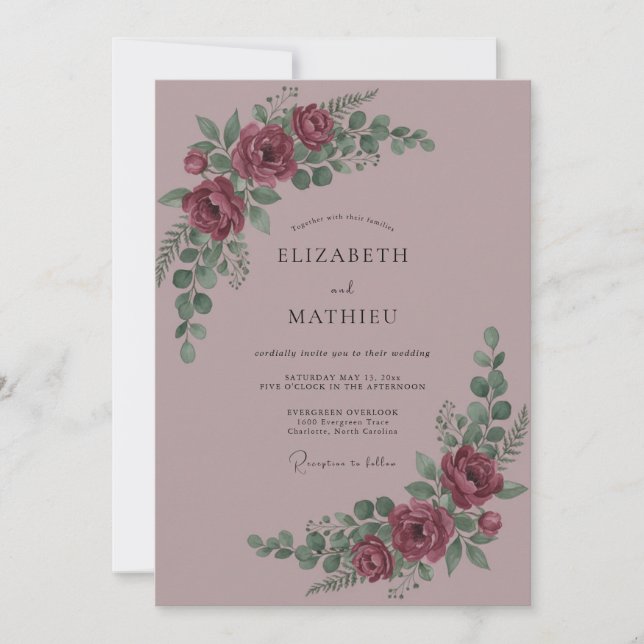 Invitation Mariage Fleur Romantique Bourgeon Bordeaux (Devant)