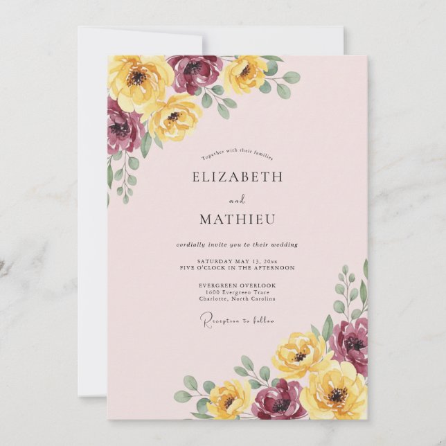 Invitation Mariage Fleur Romantique Jaune Bourgogne (Devant)