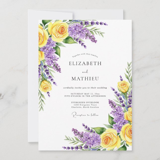 Invitation Mariage Fleur Romantique Jaune Violet (Devant)