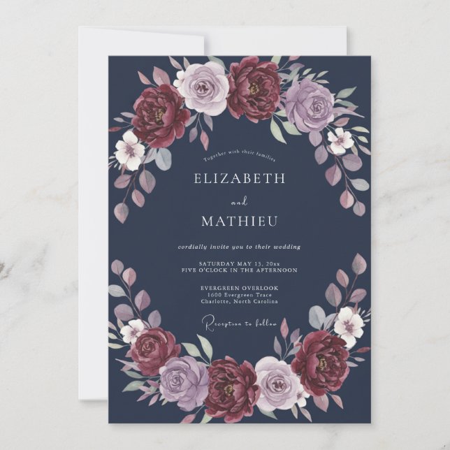 Invitation Mariage Fleur Romantique Lilas Bourgogne (Devant)