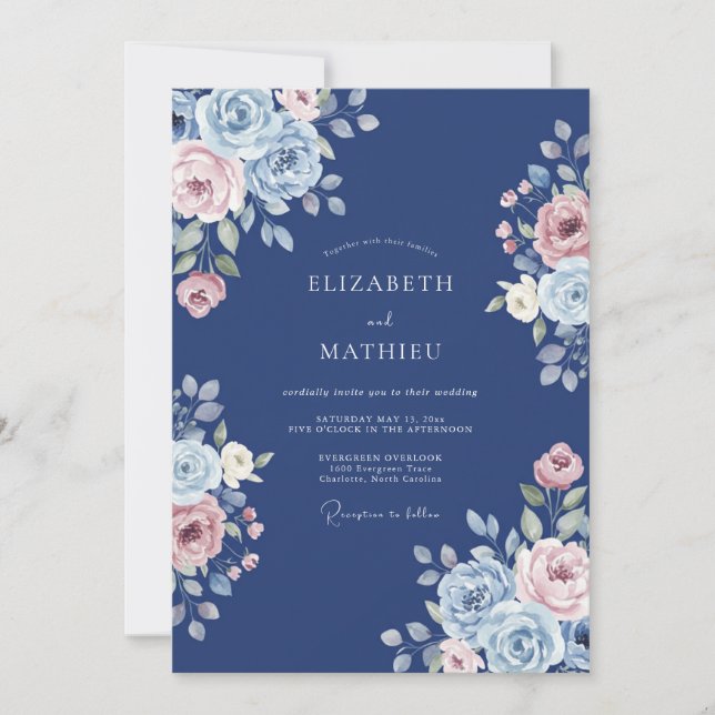 Invitation Mariage Fleur Romantique Navy (Devant)