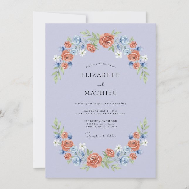 Invitation Mariage Fleur Romantique Pervenche (Devant)