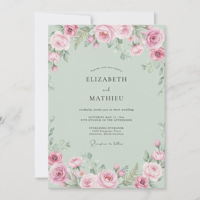 Invitation Mariage Fleur Romantique Rose Pâle (Devant)