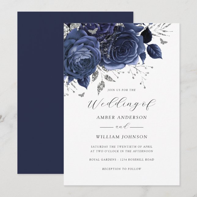 Invitation Mariage Fleur Rose Argent Navy   (Devant / Derrière)