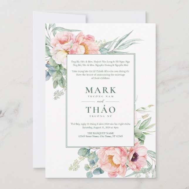 Invitation Mariage Fleur Rose Blanche Bilingue Vietnamien (Devant)