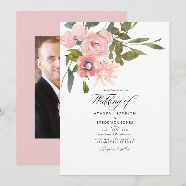 Invitation Mariage Fleur Rose Blush Photo (Devant / Derrière)