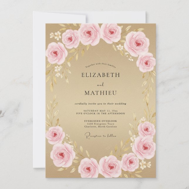 Invitation Mariage Fleur Rose Champagne (Devant)