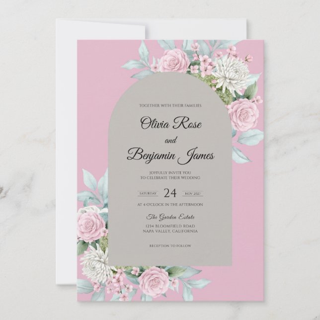 Invitation Mariage Fleur Rose Gris (Devant)